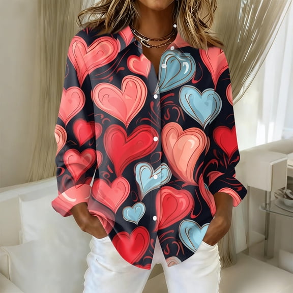 Dwralegc Womens Plus Valentine Tops Long Sleeve Lapel Collar Blouses Loose Plus Heart Graphic Clothes Lightweight Plus Size Holiday Shirt Black 3XL
