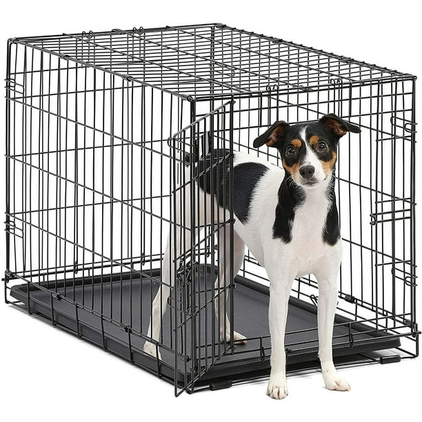 Double Door Folding Dog Crate Portable Large 36Inch Metal Wire Kennel, Plastic LeakProof
