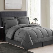 Queen Comforter Set 8 Piece Bed in a Bag with Bed Skirt, Fitted Sheet, Flat Sheet, 2 Pillowcases, 2 Pillow Shams, Queen, Checkered Gray