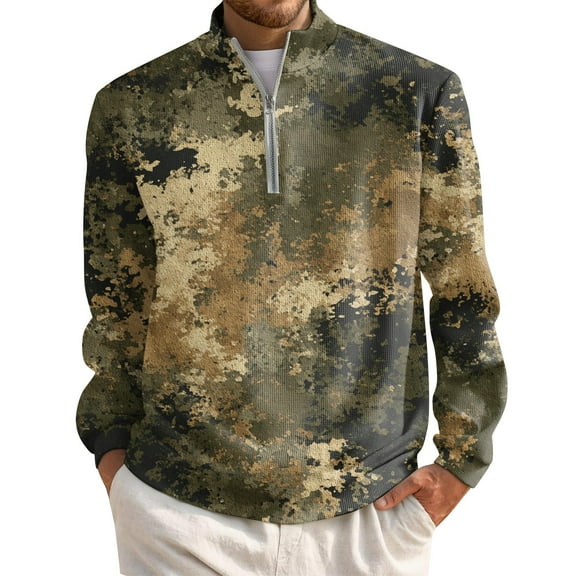 Hearthz Men's Half-Zip Pullover Long Sleeve Mock Neck Sweatshirt for Men Camo Waffle Knit Casual Polo Half Zip Sweatshirt