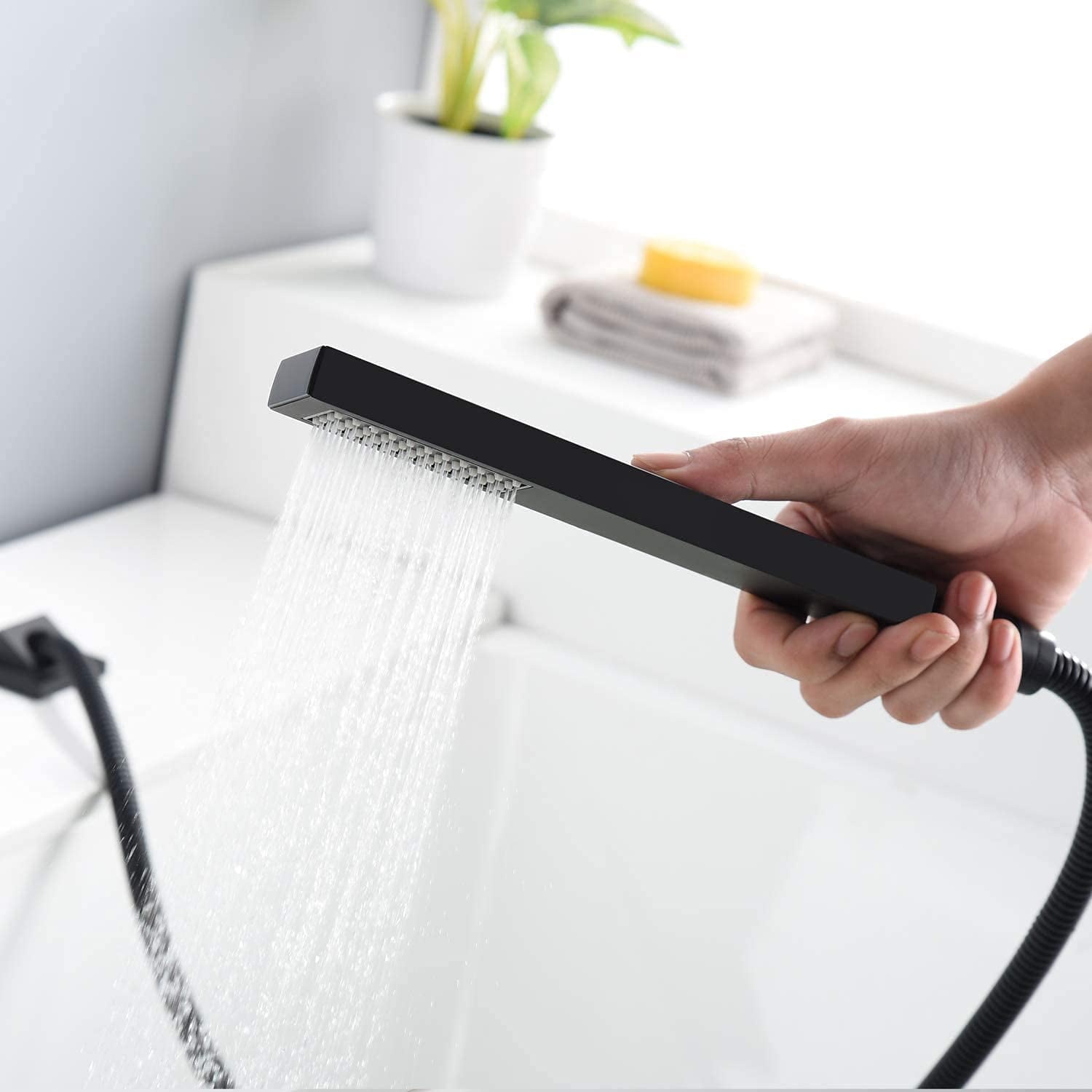 SUMERAIN Waterfall Roman Tub Faucet,Deck Mount 5 Holes Bath Tub Filler with Hand Shower,High Flow, Matte Black