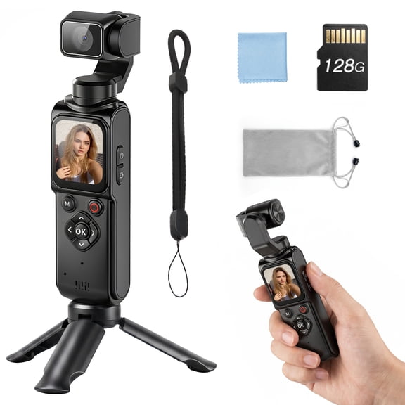SANPTENT 4K Vlogging Camera with Videos, Pocket Gimbal Camera Rotation, Face Tracking, Long Battery Life, 128G Card Travel Digital Video Camera for YouTube TikTok Creators