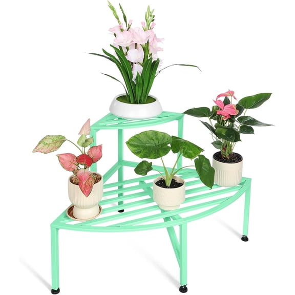 Corner Plant Stand Outdoor Metal,2 Tier Heavy Duty Ladder Plant Shelf Indoor for Multiple Plants,37.08" L x 22.83" W x 20.07" H,Mint Green