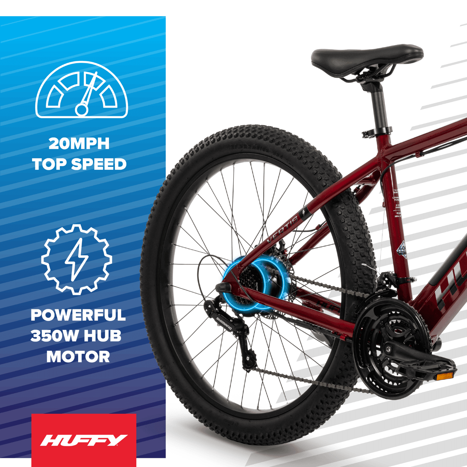 Huffy 27.5" Vertis 36V Electric Mountain Bike, Fits Riders 60"+, Red, Adult, Unisex