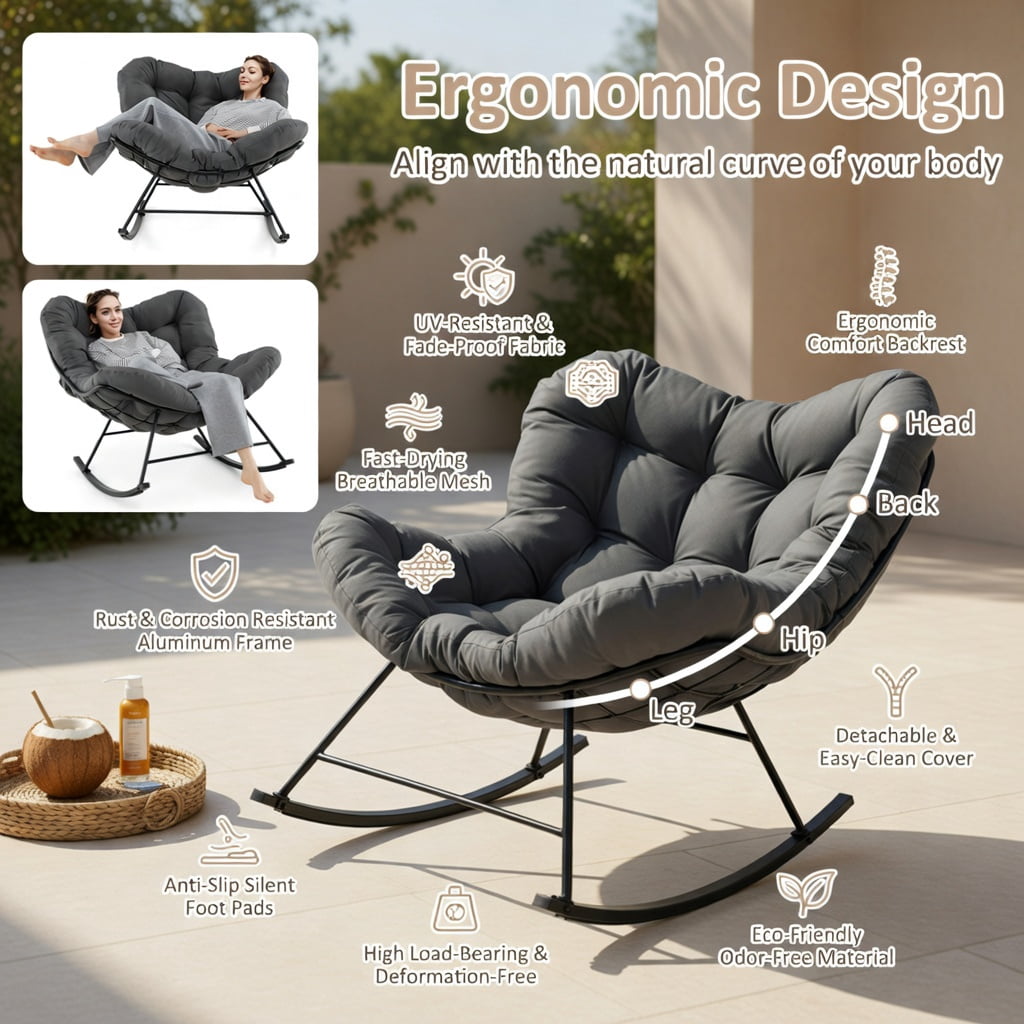 Hommoo Oversized Egg Papasan Rocking Chair with Thick Padded Cushion, Indoor/Outdoor Patio Lounge Chair, Gray