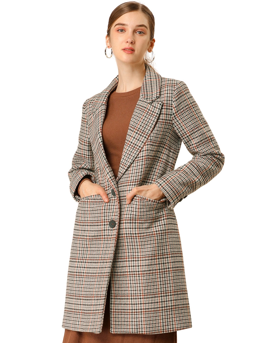 Unique Bargains - Women's Classic Buttoned Plaid Houndstooth Long Coat ...