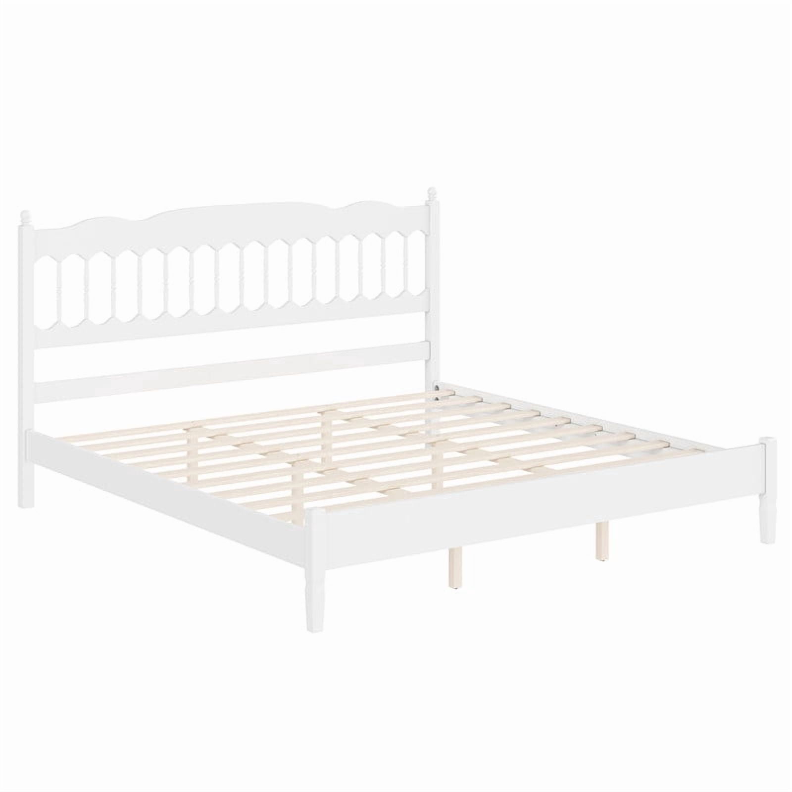 King Size Retro Countryside Style Wooden Bed Frame with Spindle Headboard, Low Profile Platform Bed with No Box Spring Required