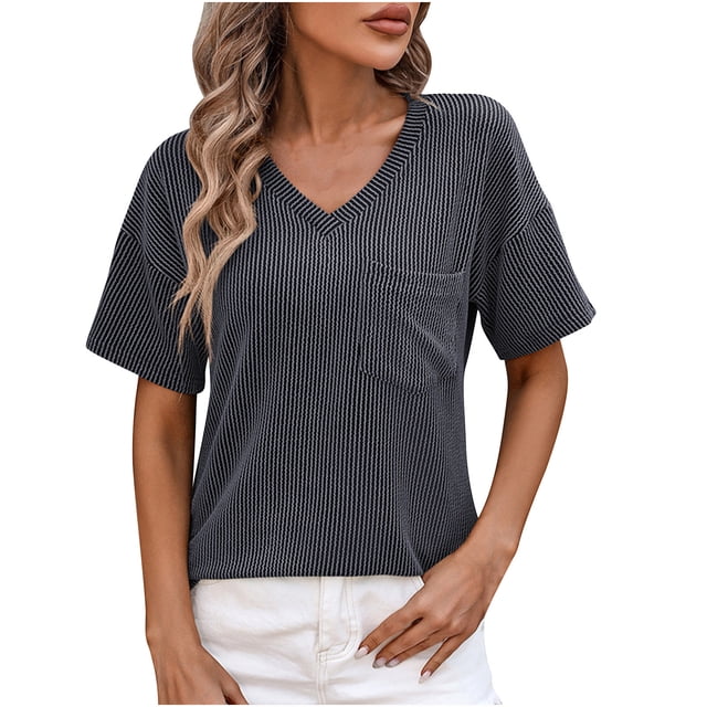 Timegard Womens Tops Striped V-Neck Short Sleeve Basic Tee Shirts Summer Casual Loose Tops with Pockets