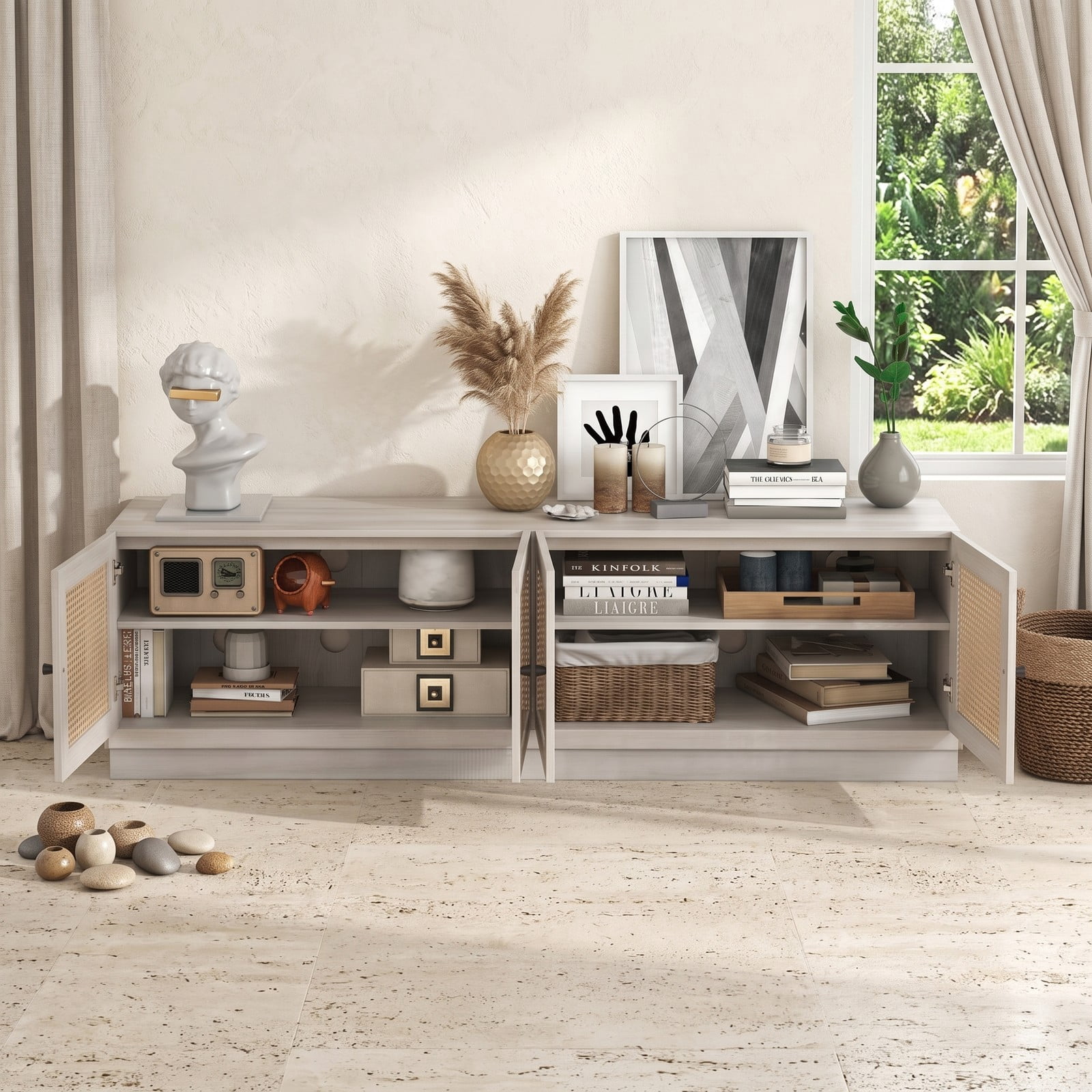 Furnibear Farmhouse TV Stand for TVs up to 75 Inches, 70 Inch Entertainment Center with PE Rattan Cabinet Doors and Adjustable Shelves, Rattan Media Console for, White