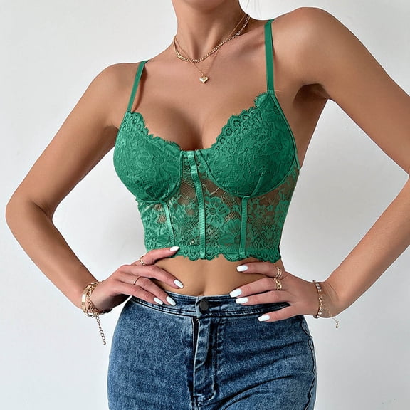 SNKSDGM Female Ribbed Tank Tops for Women Pack Slim fit Spaghetti Strap Tank Top with Built in Bra Crop Women Sexy Lace Sleeve French High End Design Sense Short Style Top M