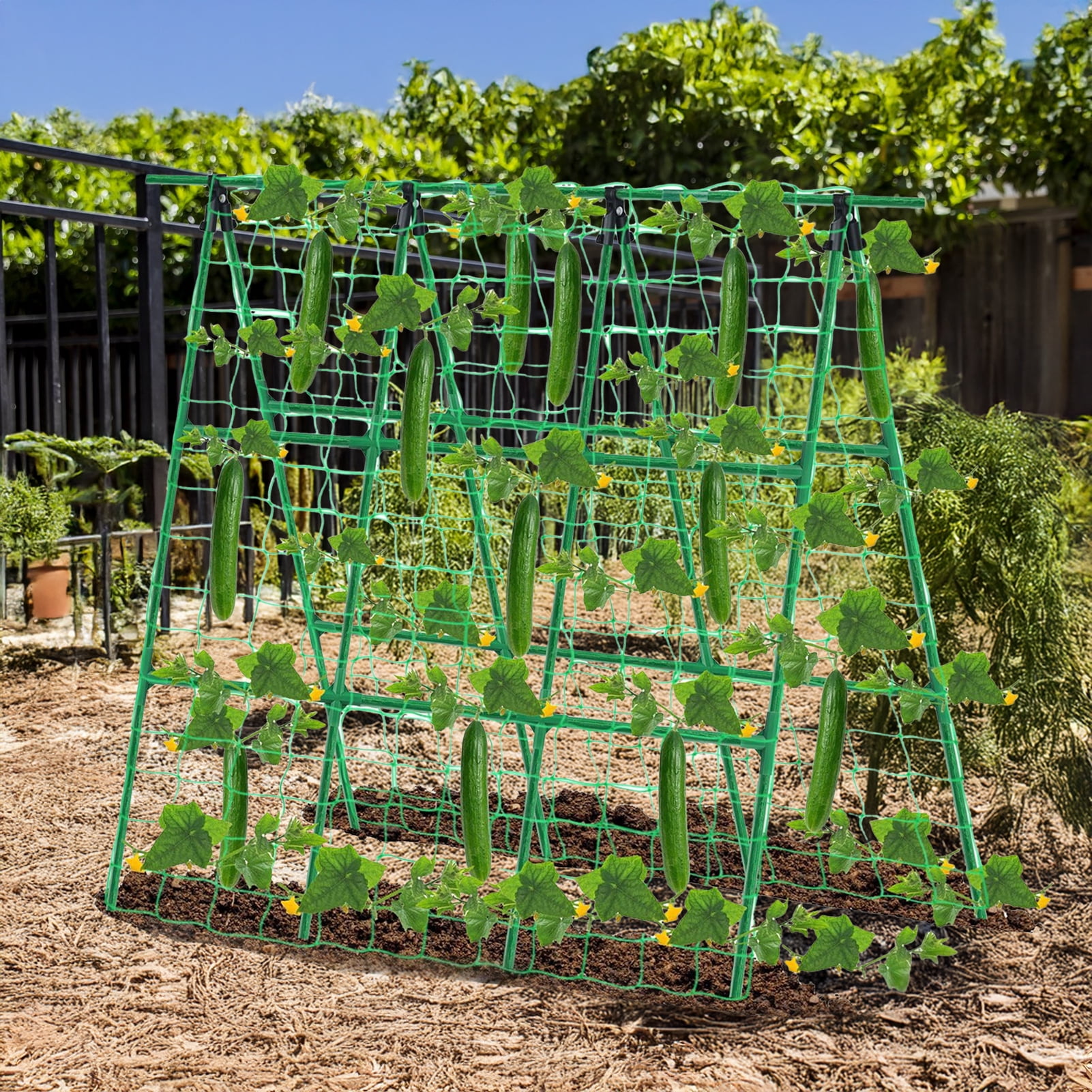 OIUR Cucumber Trellis for Garden 48 Inch A-Frame Plant Trellis Set with Net And Ties Climbing Vegetable Support Trellis for Cucumbers Tomatoes Grapes