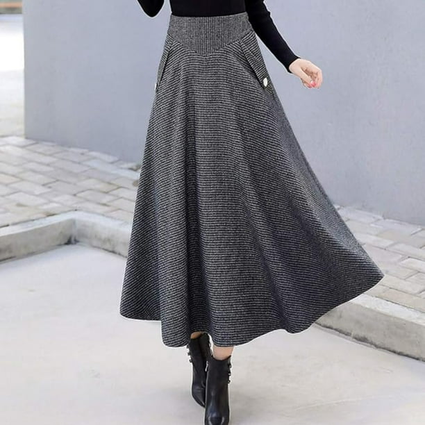 Ladies Hiver Maxi Jupe Cloche Jupe Tartan Vintage Longue Jupe a Carreaux Femmes Laine Jupe Elastique Taille Haute Longues Jupes Jupon Jupes d Hiver