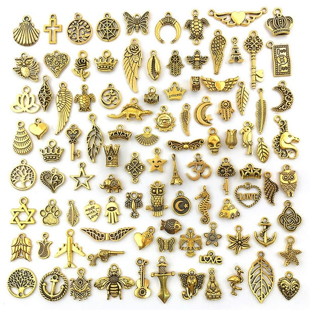 100 piezas de dijes colgantes de oro antiguo, dijes para hacer joyas, mezcla de dijes antiguos, pendientes, collar, pulsera, fabricación de joyas DIY (2) Shuxiu Wang 9024715002426