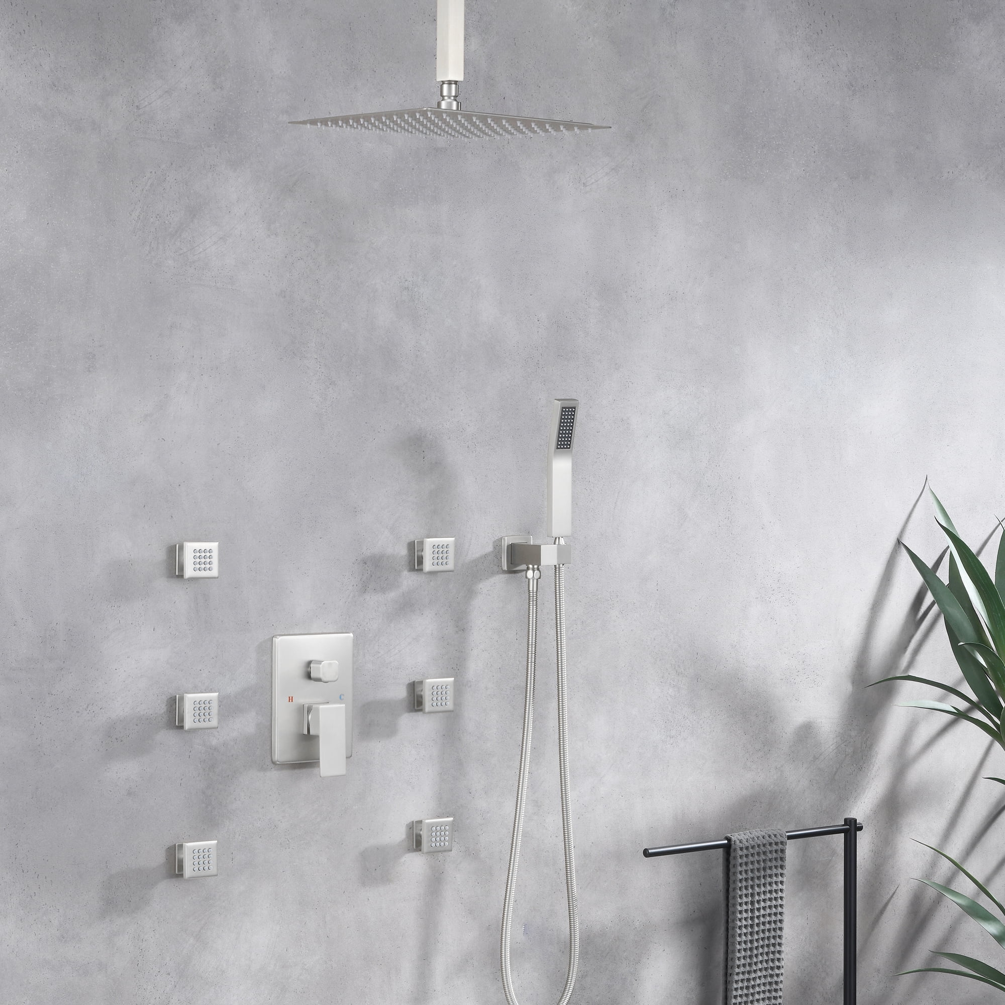 Full Body Shower System with Body Shower Spray Jets, 12'' Ceiling Shower Head System with Jets & Hand Shower, Brushed Nickel Rain Shower System Faucet Set with Jets & Valve