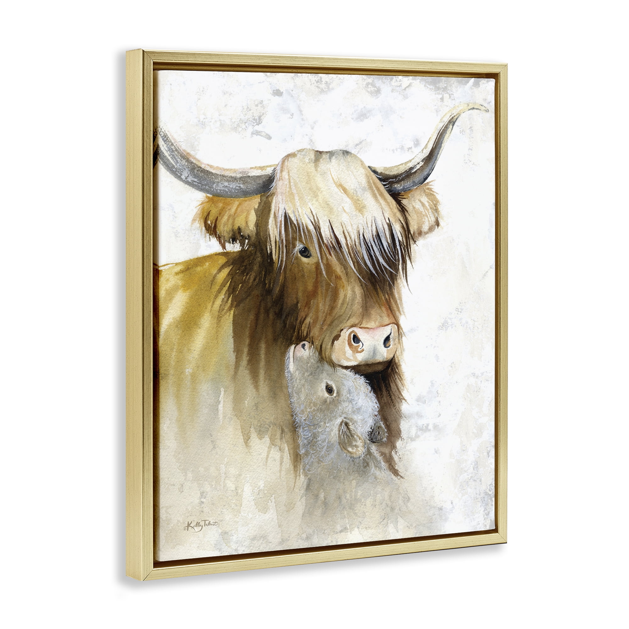 Stupell Industries Neutral Longhorn & Calf Animals & Insects Painting Gold Floater Framed Canvas Art Print Wall Art, 25 x 31