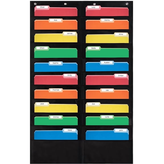 ABCKEY 20-Pocket Pocket Chart, Black, 28" Wide x 46" Tall, Wall Hanging File Organizer for Classroom, Office and Home