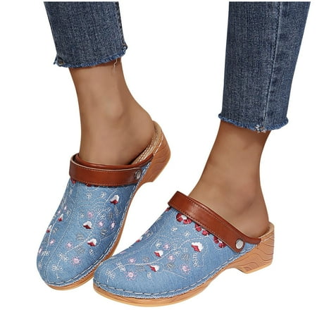 

Summer Ladies Slippers Embroidered Flower High-heeled Slope Heel Sandals