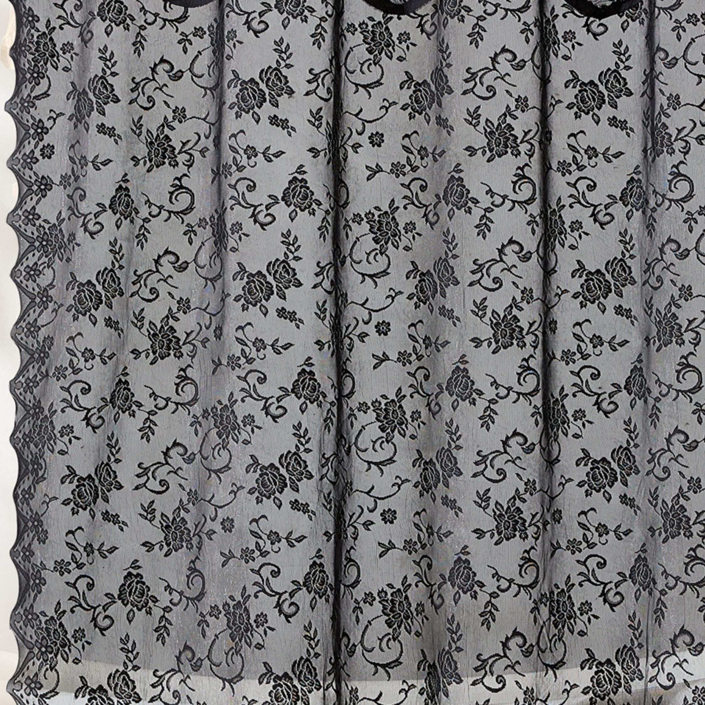 THD Harpy Lace Bathroom Shower Curtain with Floral Vine Design and Attached Valance – Elegant Victorian Classic Style (Black, 72 x 84 Inch)