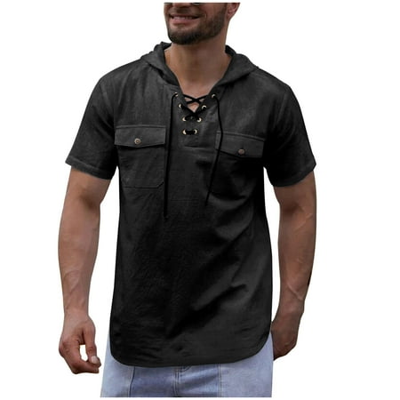 

Egmy Men S V-Neck Cotton Linen Shirt Double Pocket Workwear Shirt Solid Color Hooded Shirt Black 10(XL)