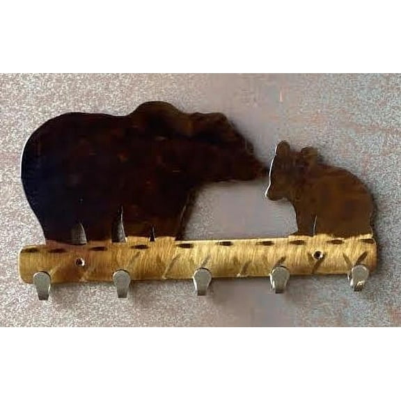 Wall Mounted Bear and Cub Home Decor, Metal Wall Art, Keychain Holder, Jewelry Holder, Wall Hanging with 5 Hooks