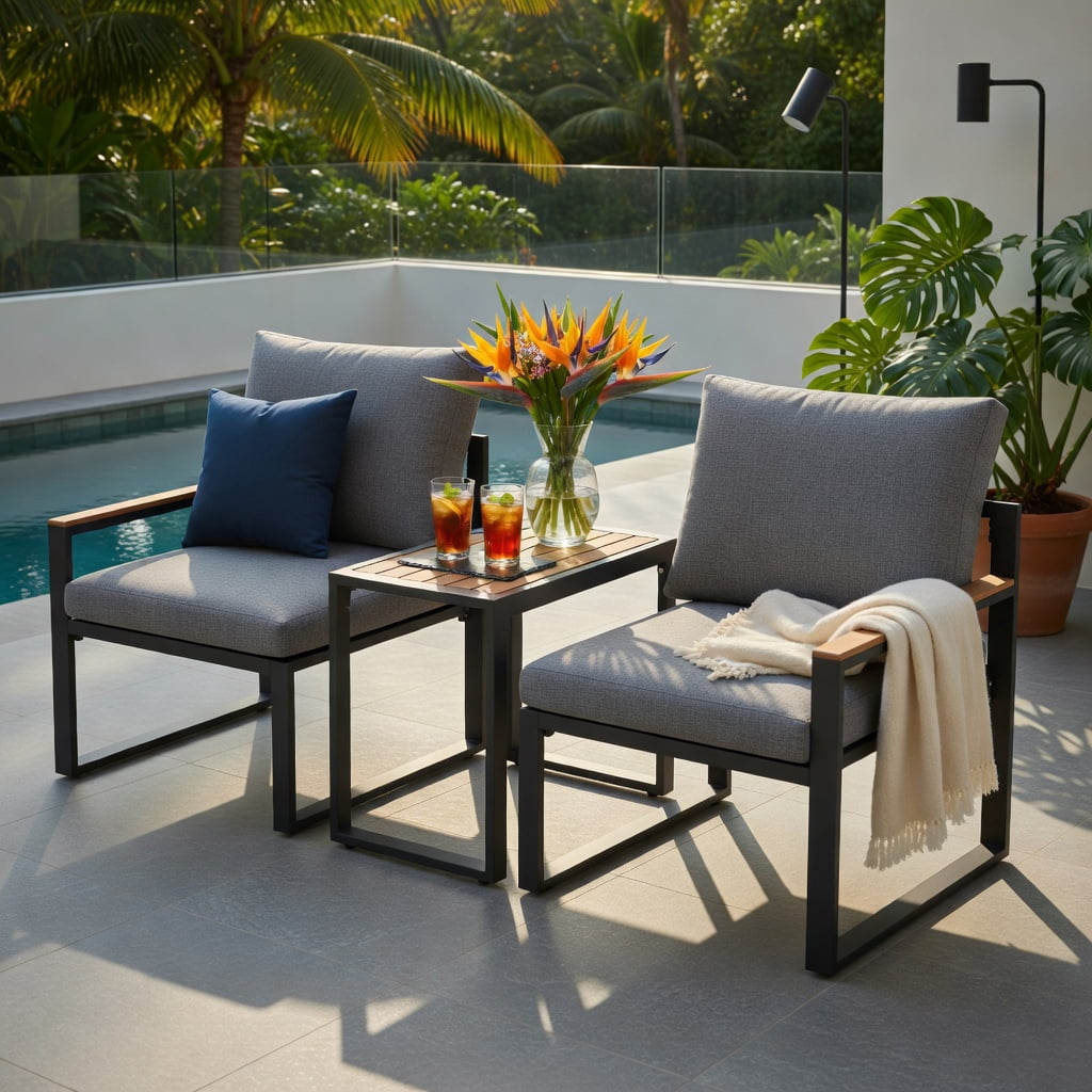 Hommoo 3-Piece Aluminum Outdoor Conversation Set, Weather-Resistant Patio Seating with Thick Olefin Cushions, WPC Coffee Table, Adjustable Feet for Deck, Porch & Poolside, Gray