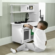 Delta Children Deluxe Modern Kitchen - Wooden Toy Kitchen Playset with Realistic Knobs that Turn/Click, Oven, Sink and Fridge/Freezer with Ice Maker, White