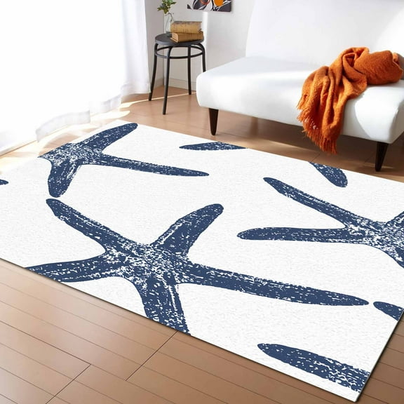 Area Rugs 2x3 Ft Dark Blue Starfish Ocean Coastal Nautical Non-Slip Washable Rug Indoor Rug Floor Mats Non Shedding Carpet for Living Room Bedroom Dining Room Home Decor