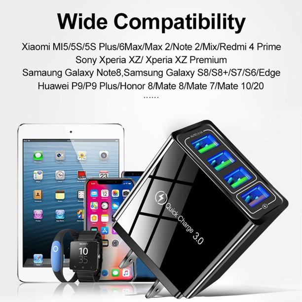 Q4 5.1A QC3.0 Cargador de teléfono de carga rápida 4USB Adaptador de corriente (Negro EE. UU.)