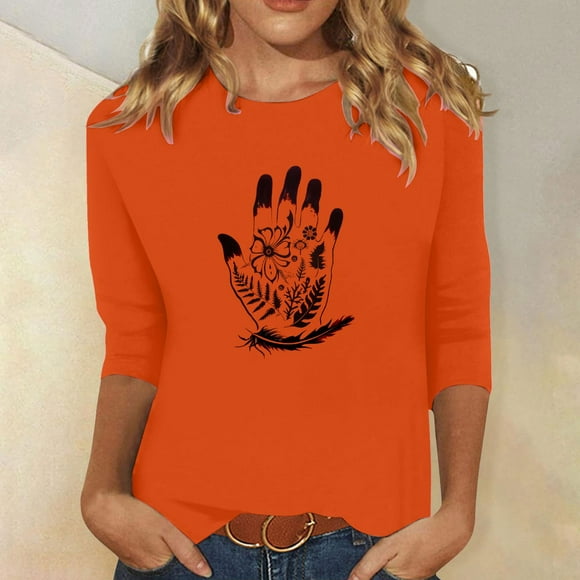 Heisall Women's Spring Autumn Tops 3/4 Sleeve Round Neck Casual Fashion Blouses Orange Festival Print Shirts