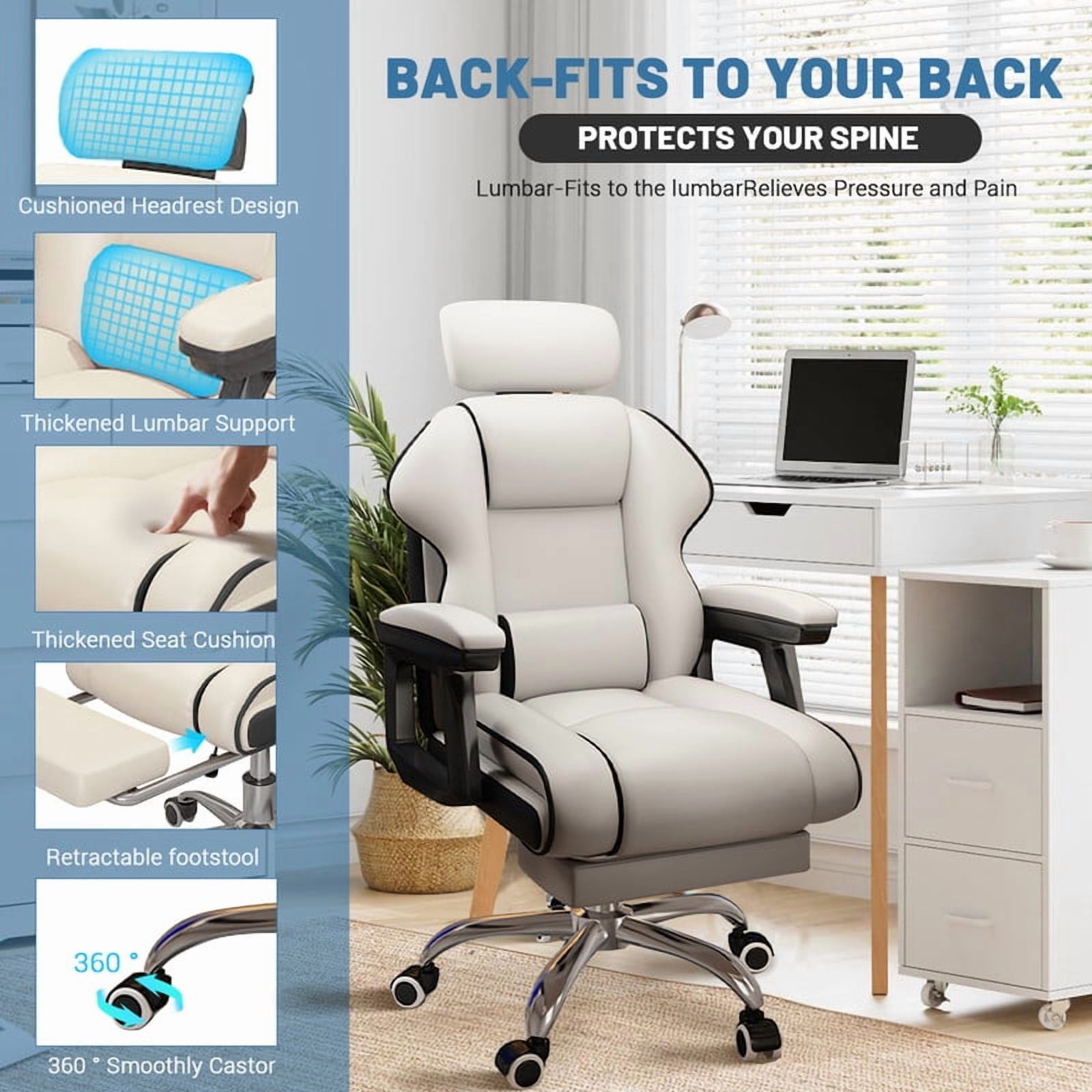 WXJHL Executive Computer Chair Home Office Desk Chair,Adjustable Angle, Ergonomic Adjustable Height PU Leather Chairs with Cushions Armrest for Long Time Seating-High Office Chair （White-Black）