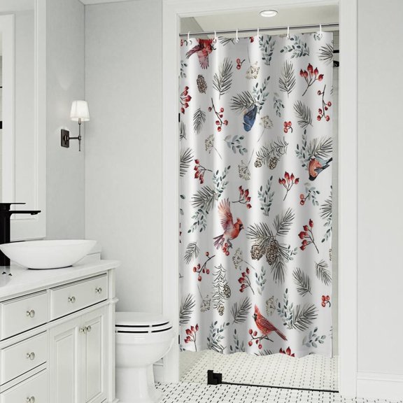 White Christmas Bird and Pine Pattern Shower Curtain 36"x72" ,Bathroom Decorative Shower Curtains Set with 12 Hooks,Modern Waterproof Washable Shower Curtain