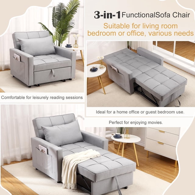 Sofá cama 3 en 1 plegable para salón – Respaldo ajustable, tapizado en lino, diseño compacto con bolsillos laterales – Ideal para invitados y espacios reducidos – Color gris claro