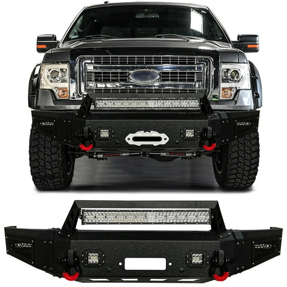 Vijay Compatible with 2009-2010-2011-2012-2013-2014 Ford F150 Front Bumper Textured Black Steel with Lights and D-rings