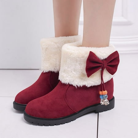 

Yinguo Fashion Winter Women Snow Boots Flat Bottom Round Toe Non Slip Plush Warm And Comfortable Solid Color Bow