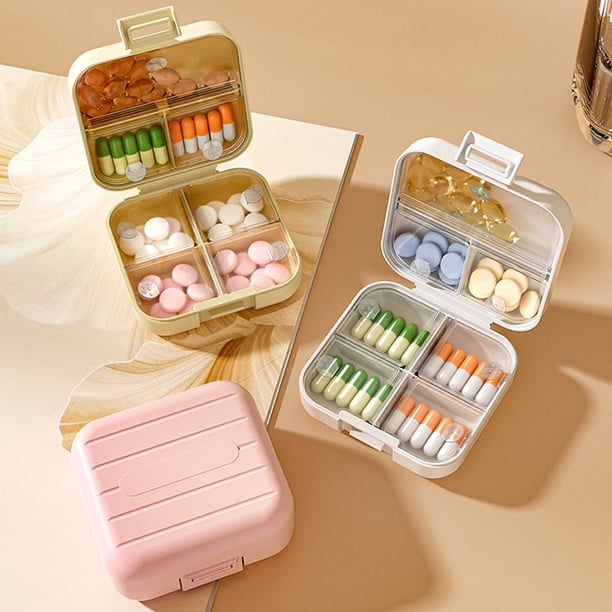 Organizador portátil de pastillas de 7 compartimentos • Maletín de viaje para vitaminas y suplementos • Plástico transparente de grado alimentario • 3x3x1,37 pulgadas • Blanco, rosa, amarillo