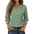 thumbnail image 2 of Endives Womens Tops Cotton Linen Button Down Shirts V Neck Pleated Casual Loose Blouses Roll Up Sleeve Shirt Spring Summer, 2 of 6