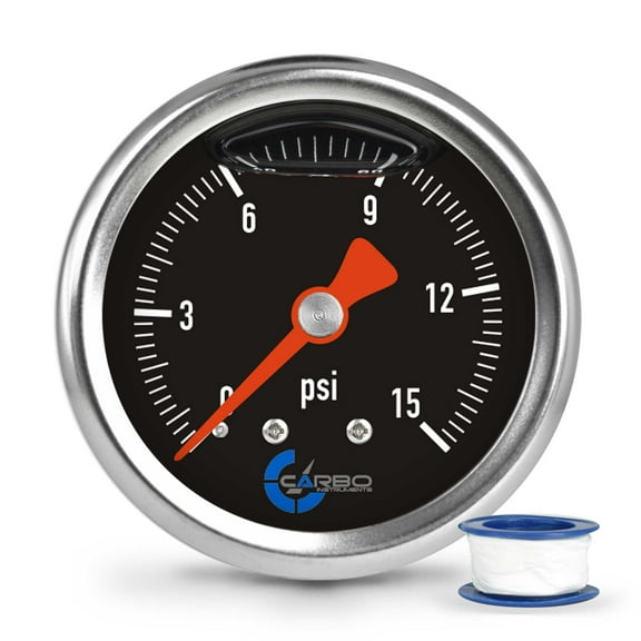 CARBO Instruments 1-1/2" Fuel Pressure Gauge, Stainless Steel Case 304, Chrome Plated BRASS Connection, Glycerin Filled, 0-15 Psi, Accuracy 3-2-3%, BACK Mount 1/8" NPT