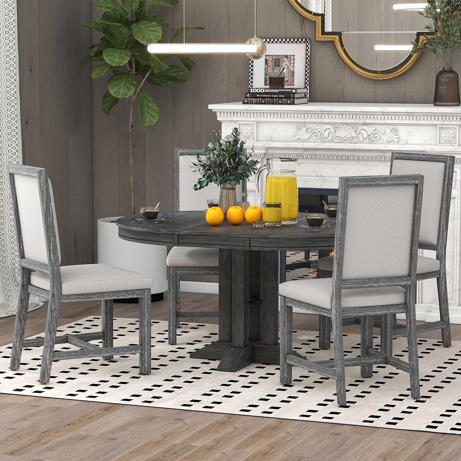Kepooman 5 Piece Dining Table Set, Extendable Round Table and 4 Upholstered Chairs, Kitchen Table and Chairs for 4 Persons, Black Kepooman 5 Piece Dining Table Set, Extendable Round Table and 4 Upholstered Chairs, Kitchen Table and Chairs for 4 Persons, Black