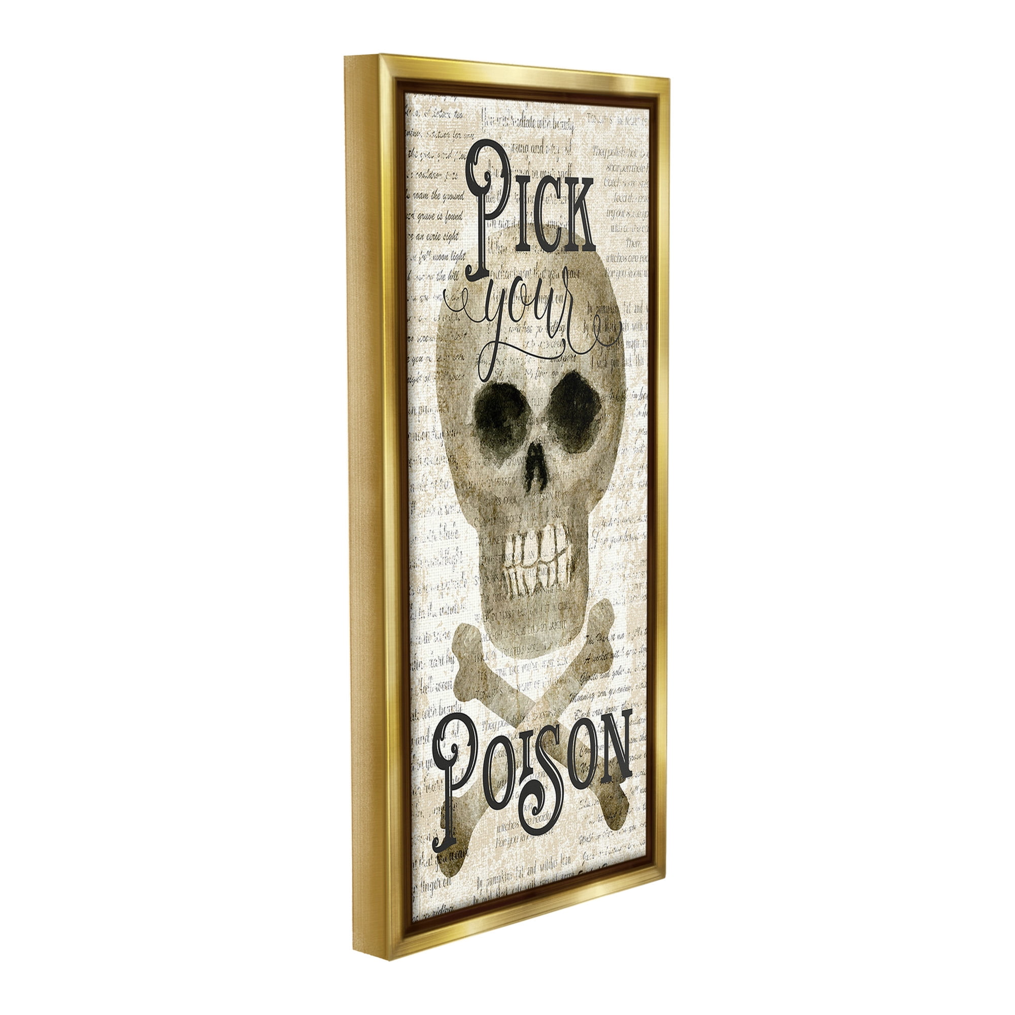 Stupell Industries Pick Your Poison Skull Holiday Painting Gold Floater Framed Canvas Art Print Wall Art, 14 x 31