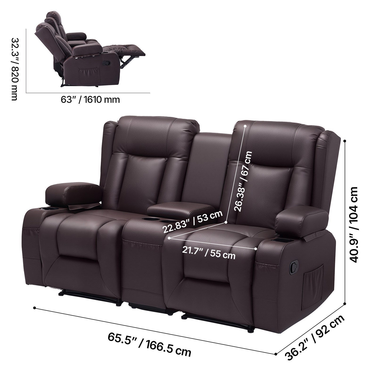 KFFKFF Manual Reclining Loveseat Sofa with Center Console, Faux Leather Upholstery, USB Ports, Cup Holders, and Storage Pockets, Dual Recliner Chair for Living Room or RV, Brown