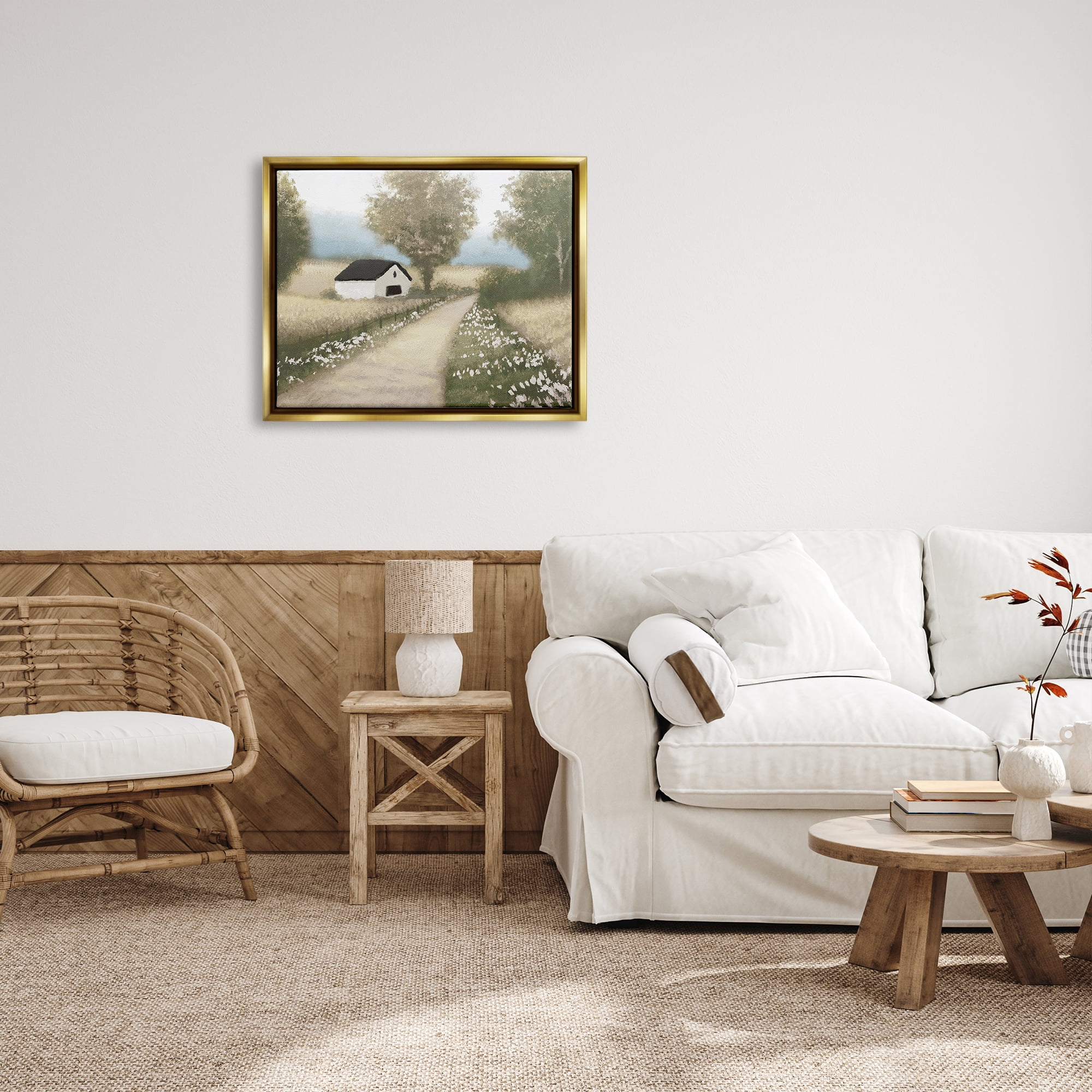 Stupell Industries Subtle Cottage Path Landscape Painting Gold Floater Framed Canvas Art Print Wall Art, 31 x 25