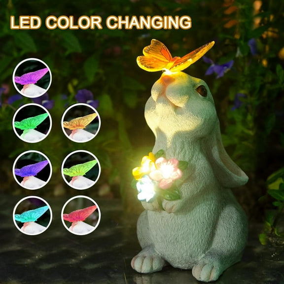 Solar Rabbit Statue Garden Decor Waterproof Yard Decoration for Outside Led Bunny Figurine Light Color Changing, Home Thanksgiving Gifts