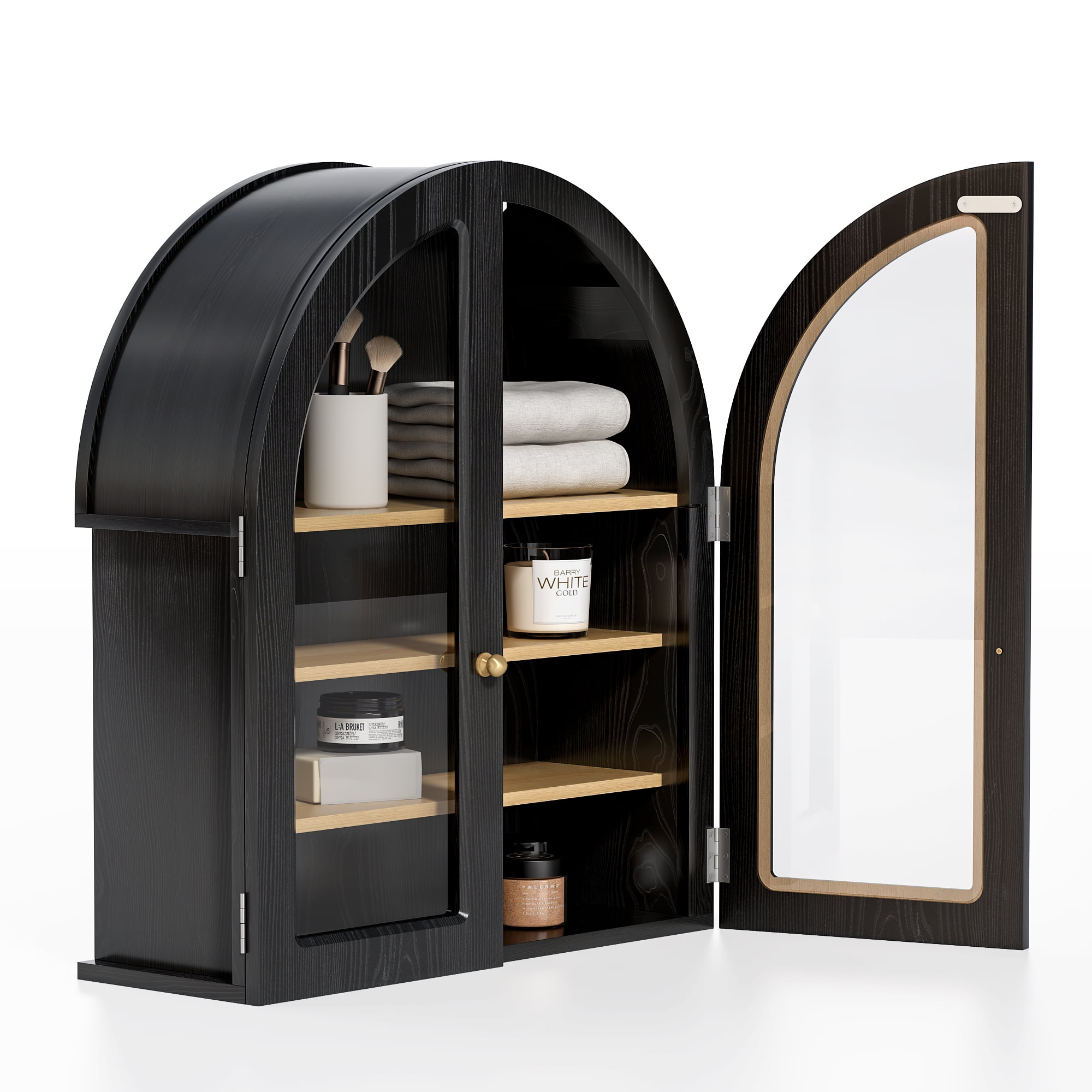 EYYTHUNG Modern Arched Wall Cabinet, Large Medicine Cupboard Black Cabinet for Bathroom with Adjustable Shelf, Black Oak