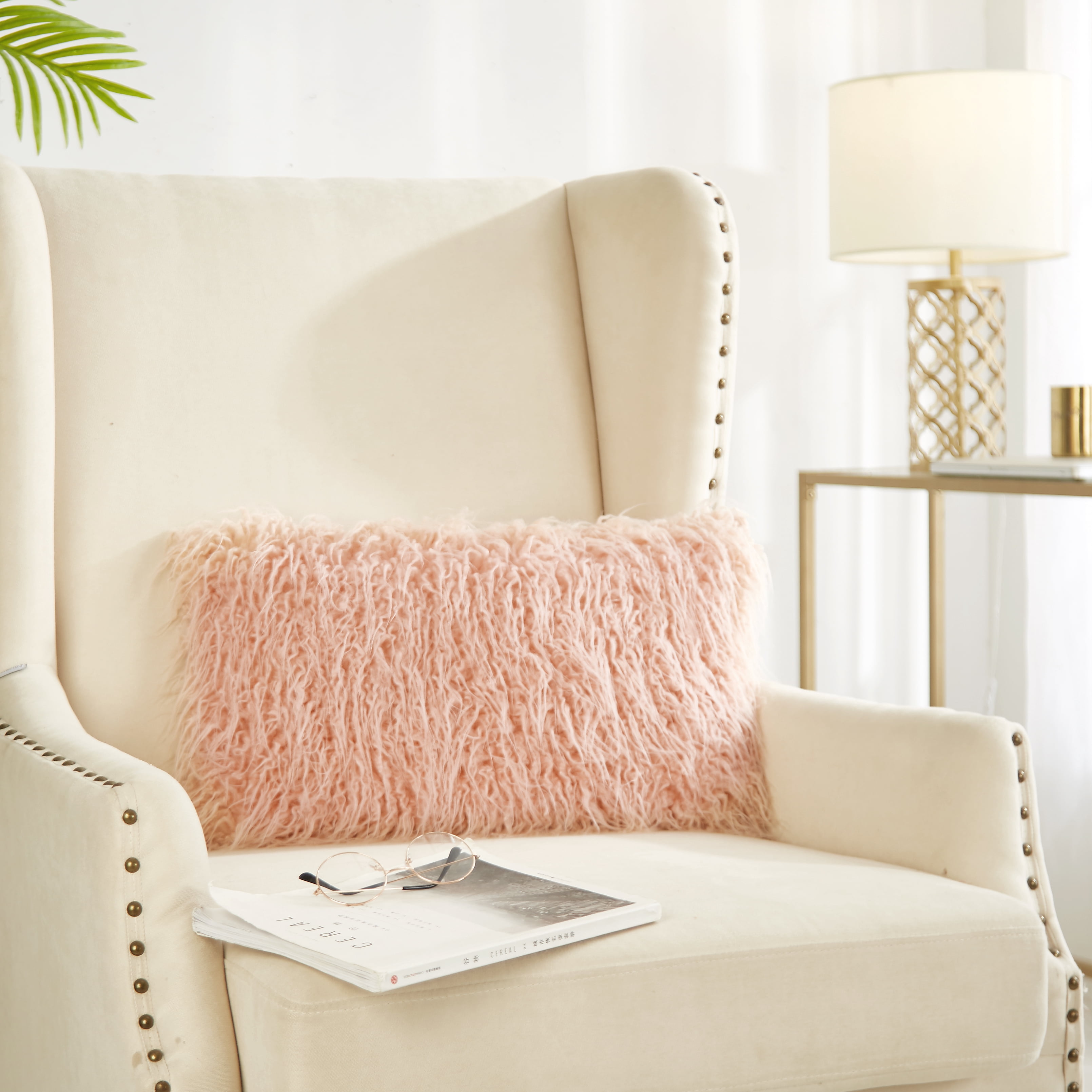 Better Homes & Gardens Mongolian Faux Fur Oblong Pillow, 12 x 21, Blush