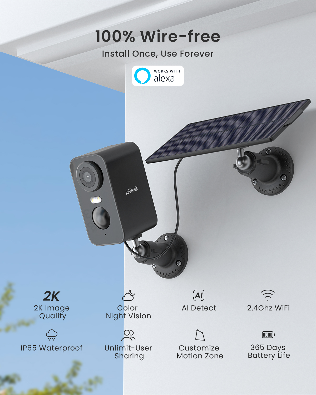 ieGeek Outdoor Solar Security Camera with Spotlight Siren, Wireless, WiFi, 2k/3mp Color Night Vision Outdoor Camera with AI Motion Detection, Work with Alexa (Supports Only 2.4Ghz Wi-Fi) - image 3 of 10