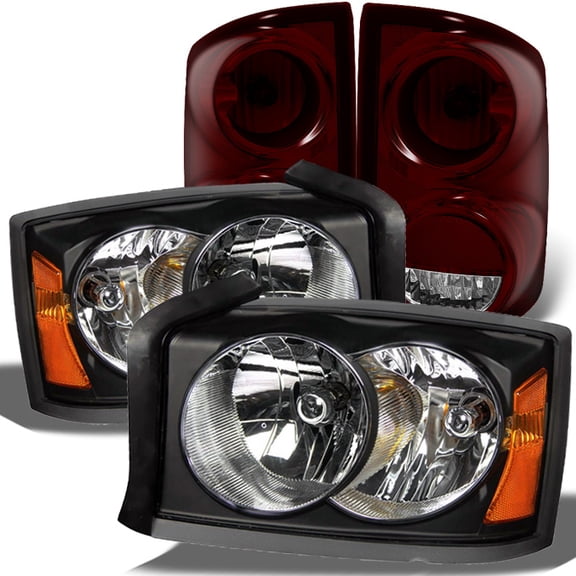 AKKON - For Dodge Dakota Black Headlights Headlamps Repalcement Pair   Dark Red Tail Lights Combo Pair Set