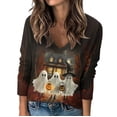 thumbnail image 3 of Craaazy Halloween Plus Size Casual Tops for Women Solid Color V Neck 3/4 Length Sleeve Halloween Printed Stretch Autumn Festival Daily Wear Blouse, 3 of 5