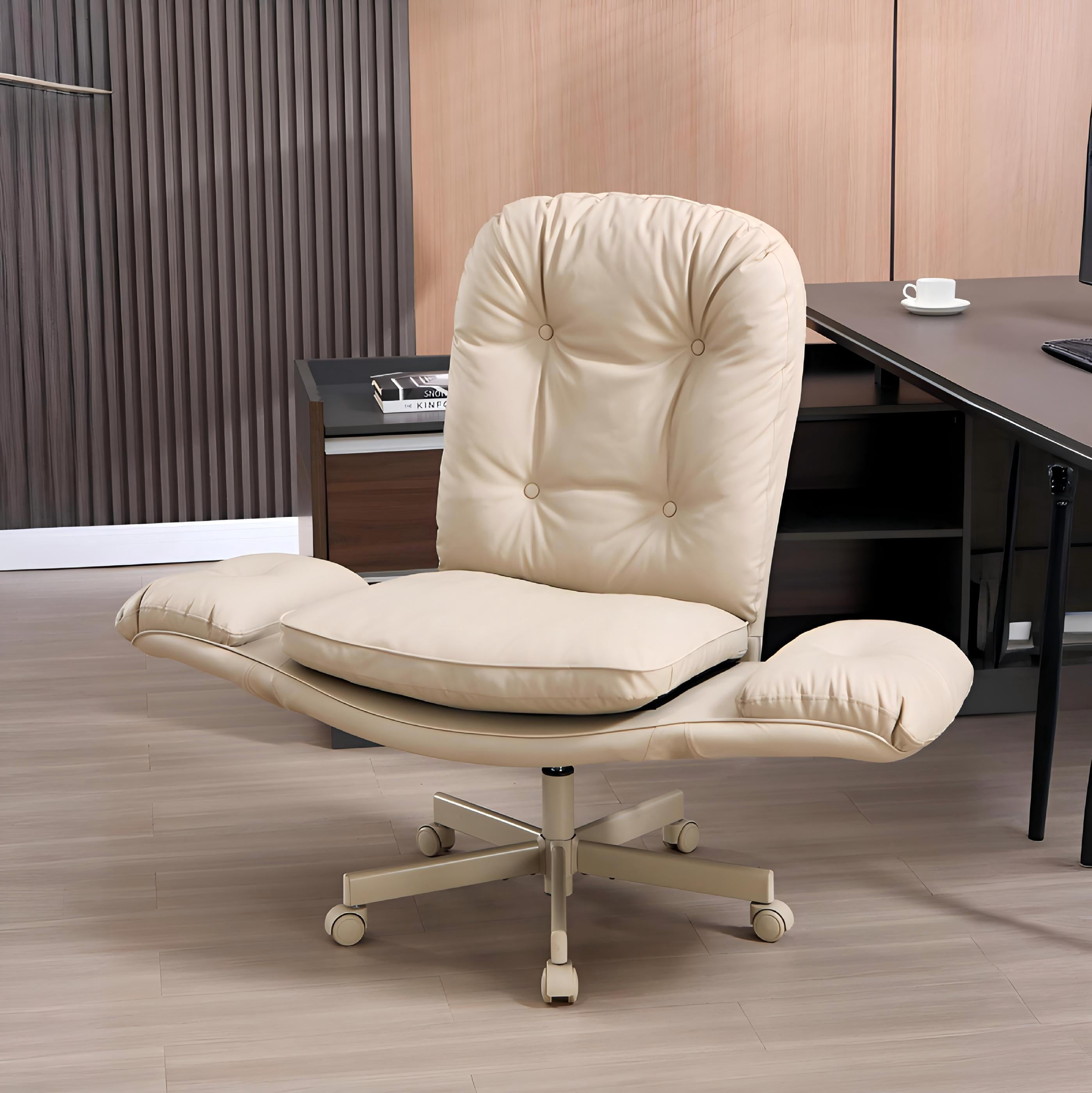 TMV Vanity Chair with Foldable Arms, Criss Cross Design Office Desk Chair - Standard Size Swivel Computer Chair with Wheels,Cream