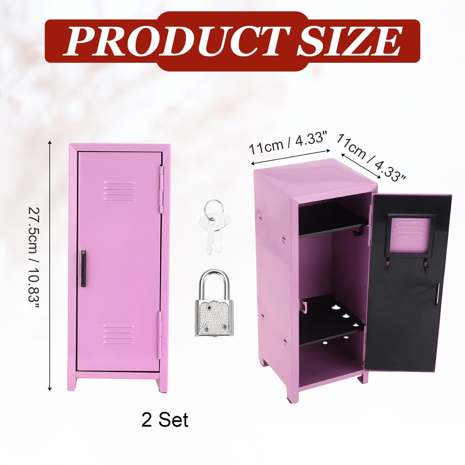 Mini Locker 4.3 x 10.8 Inch, 2 Pcs Small Locker with Lock Keys, Metal Money Safe Storage Box for Desk Bedroom, Light Purple