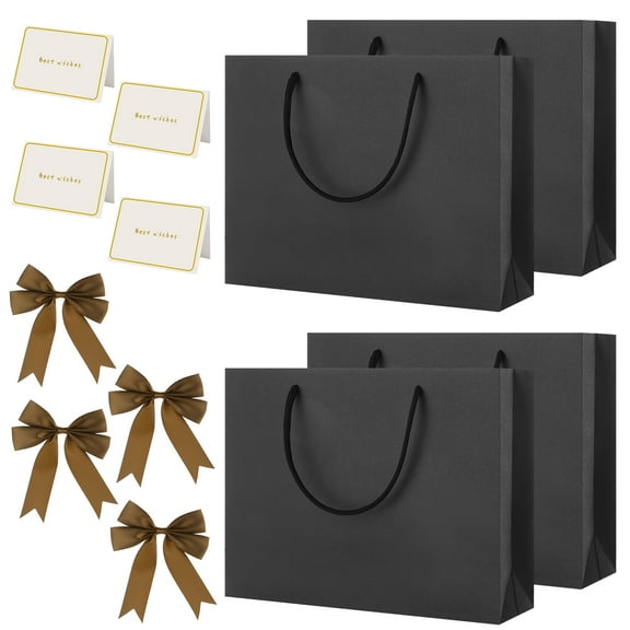 sixwipe 4 Pcs Black Gift Bags with Handles, Thank You Gift Bags with 4 Bow Ribbon and 4 Greeting Card, Paper Gift Bags for Birthday Bridesmaid Party Wedding Holiday 10.63x3.15x8.27 Inches